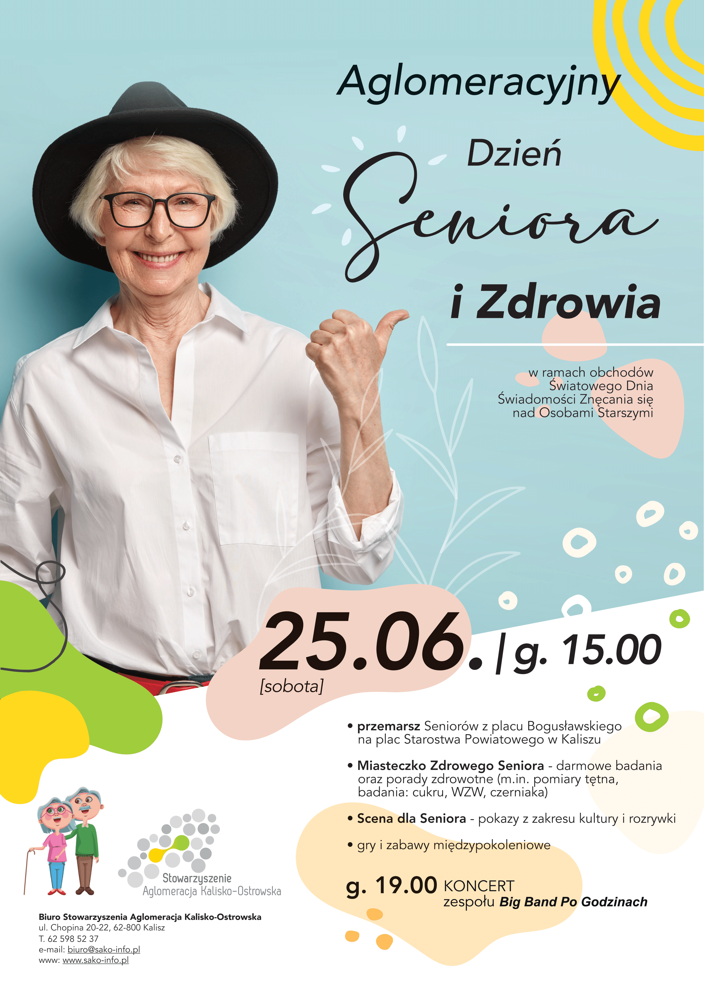 Zaproszenie na Aglomeracyjny Dzień Seniora i Zdrowia, który odbędzie się dnia 25 czerwca 2022 na Placu Starostwa Powiatowego w Kaliszu  o godzinie 15:00